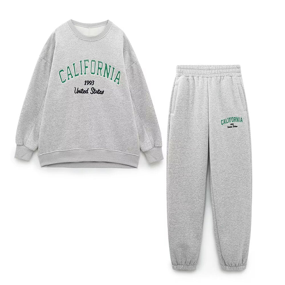 Casual Loose Wide Leg Pants Embroidered Sweat Set