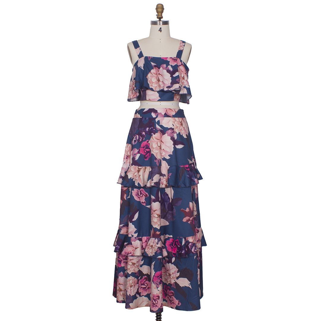 Two Piece Printed Ruffled Swing Skirt