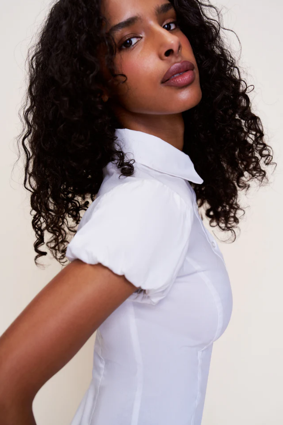 Waist Controlled Slim Collared Puff Sleeve Top