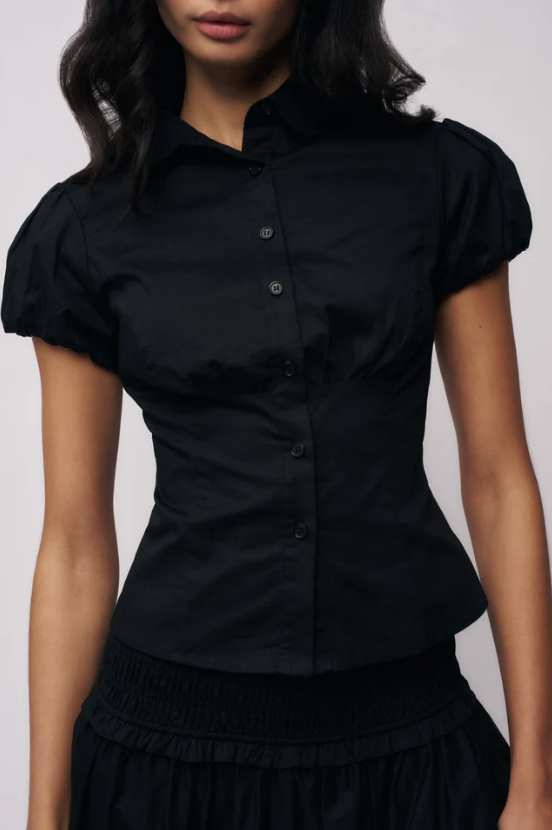 Waist Controlled Slim Collared Puff Sleeve Top