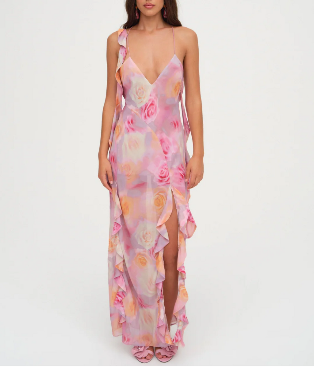 Ruffled Irregular Asymmetric Backless Mop Floral Dress