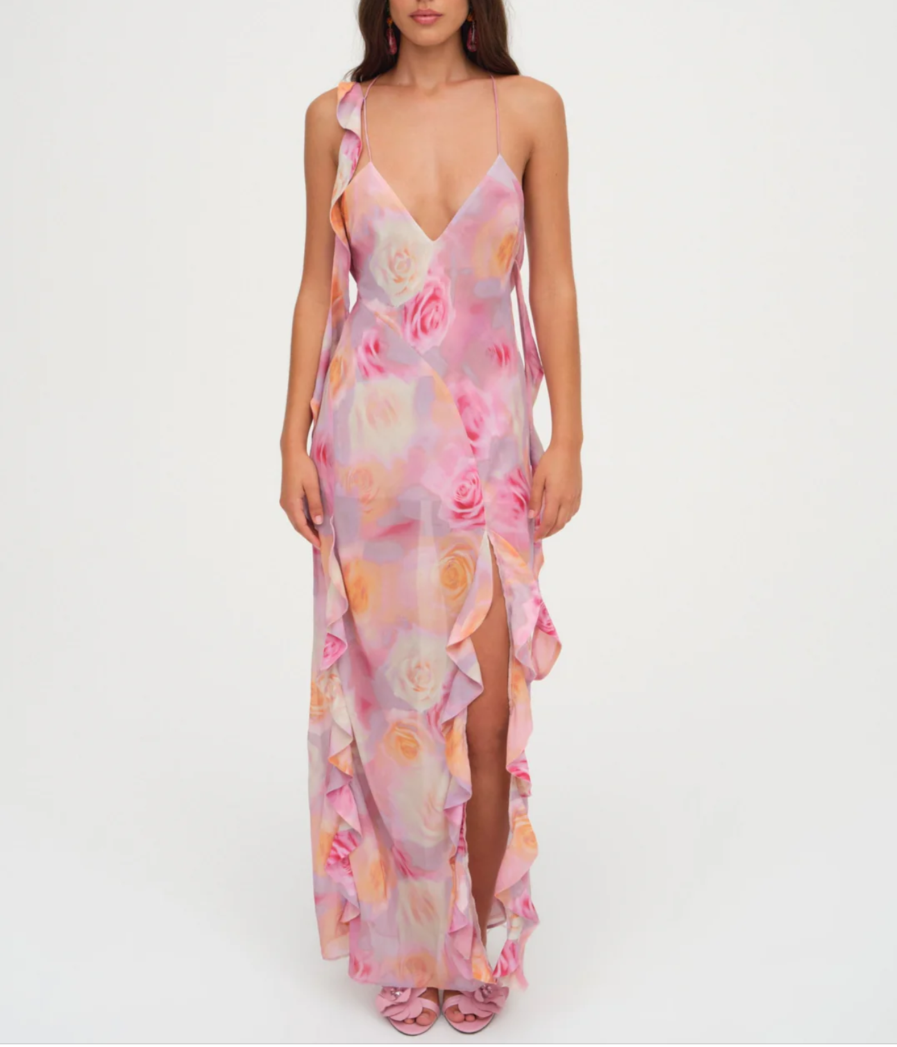 Ruffled Irregular Asymmetric Backless Mop Floral Dress