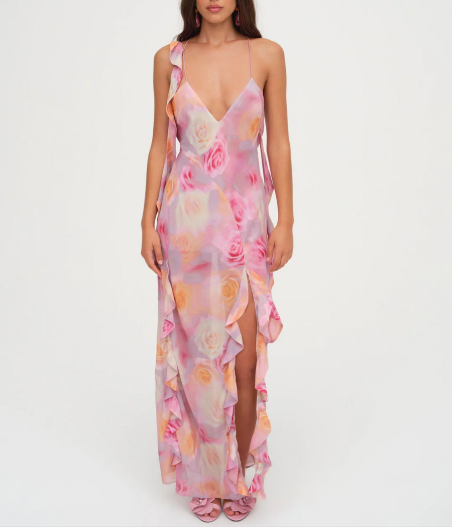 Ruffled Irregular Asymmetric Backless Mop Floral Dress