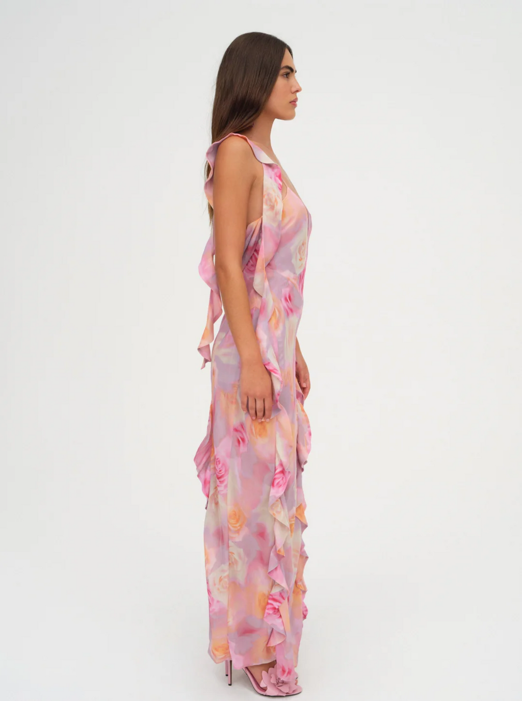 Ruffled Irregular Asymmetric Backless Mop Floral Dress