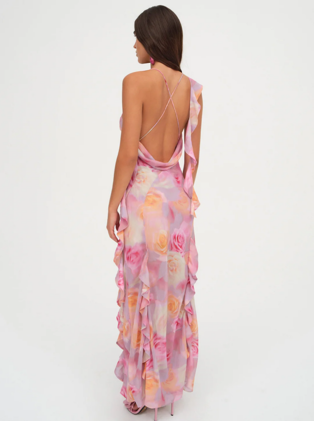 Ruffled Irregular Asymmetric Backless Mop Floral Dress