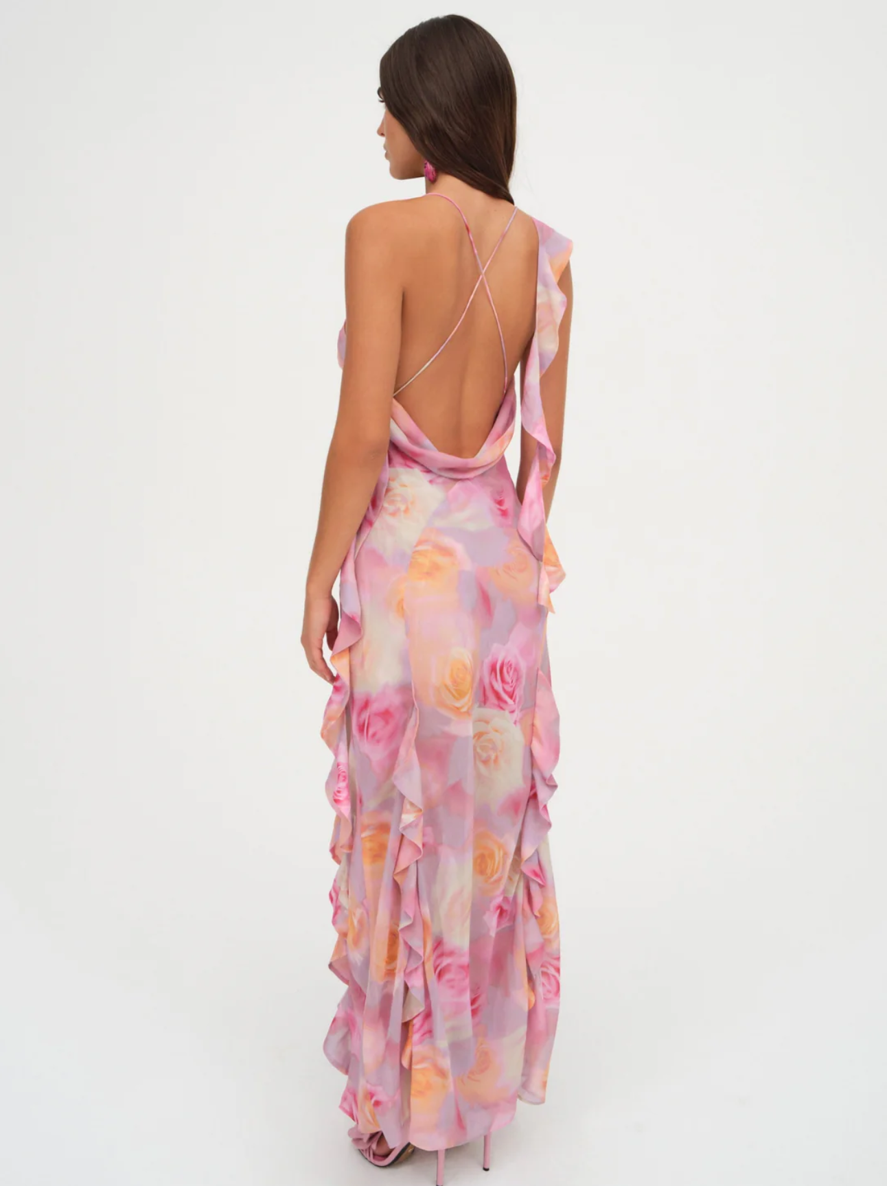 Ruffled Irregular Asymmetric Backless Mop Floral Dress