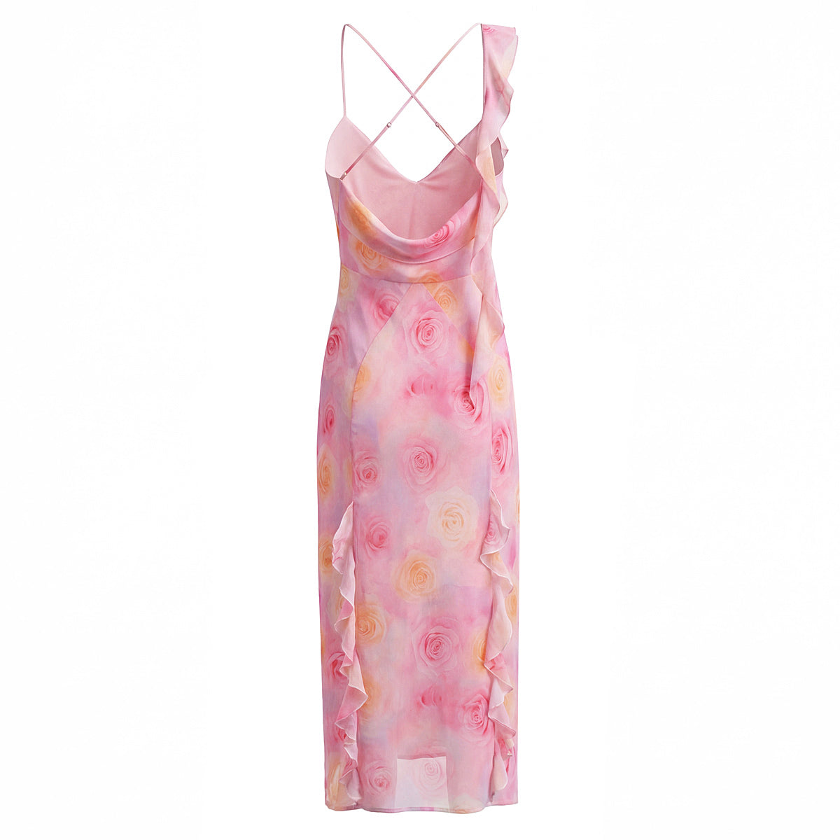 Ruffled Irregular Asymmetric Backless Mop Floral Dress