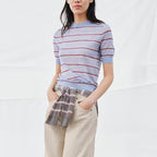 Striped Contrast Crew Neck Knit Top – Short Sleeve Casual Tee