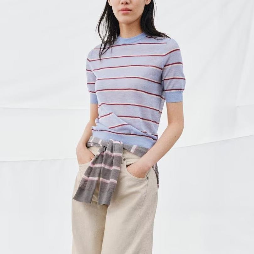 Striped Contrast Crew Neck Knit Top – Short Sleeve Casual Tee