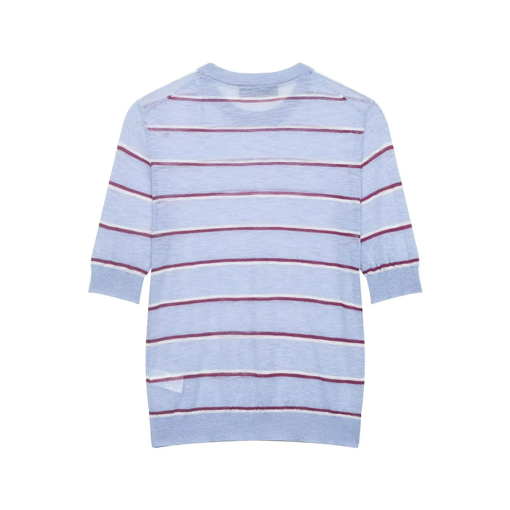 Striped Contrast Crew Neck Knit Top – Short Sleeve Casual Tee