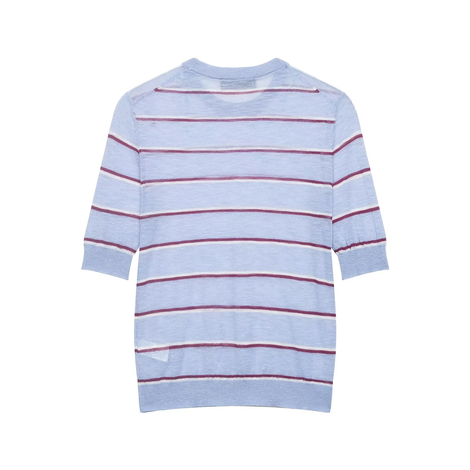 Striped Contrast Crew Neck Knit Top – Short Sleeve Casual Tee