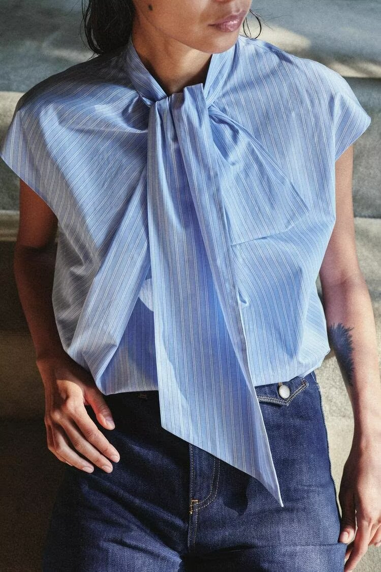 Casual Sleeveless Striped Bow Shirt