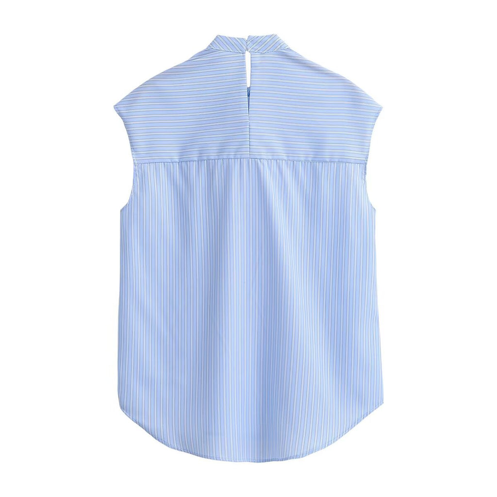 Casual Sleeveless Striped Bow Shirt