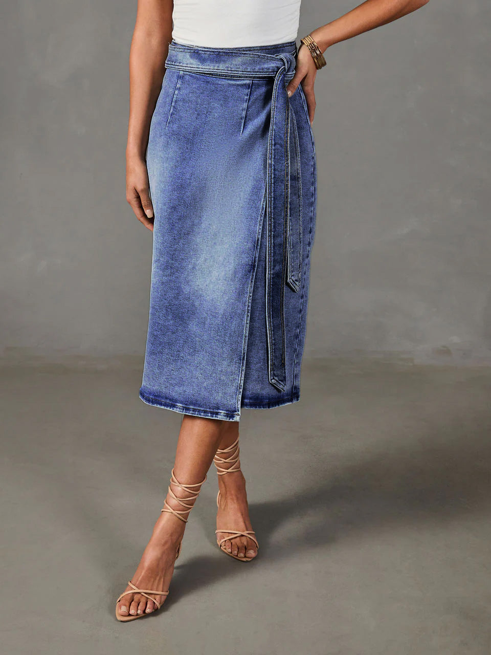 Distressed Waist Tied Midi Denim Skirt