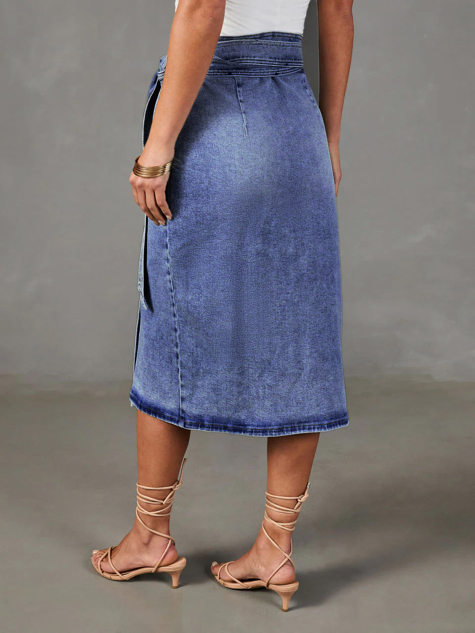 Distressed Waist Tied Midi Denim Skirt