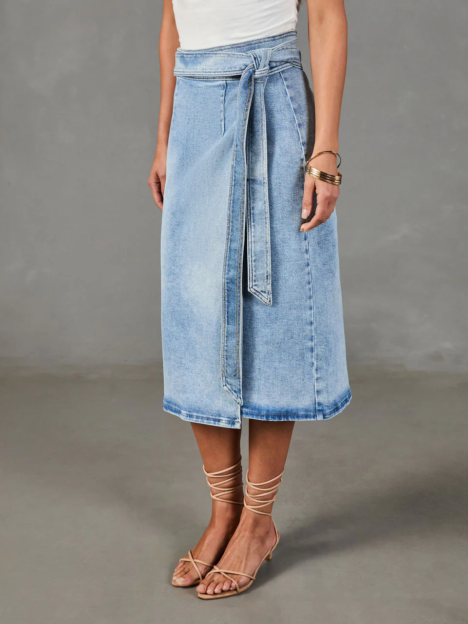 Distressed Waist Tied Midi Denim Skirt