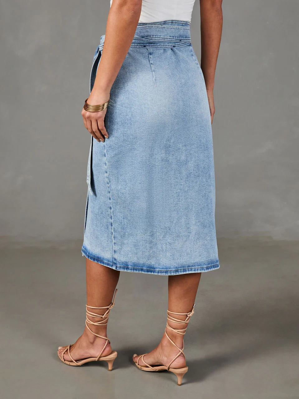 Distressed Waist Tied Midi Denim Skirt