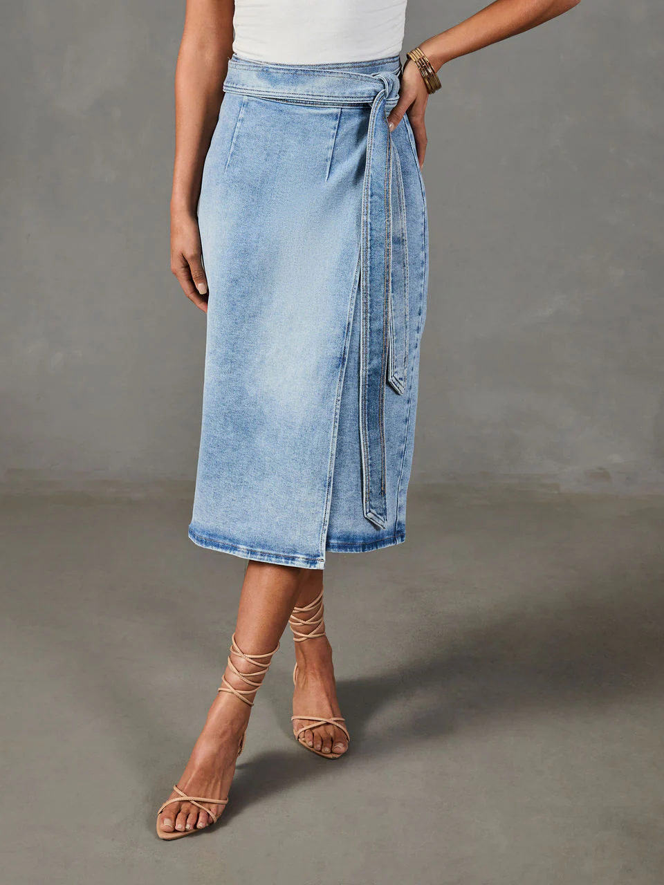 Distressed Waist Tied Midi Denim Skirt