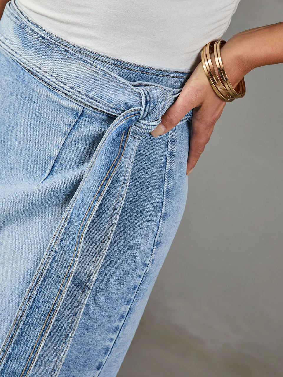 Distressed Waist Tied Midi Denim Skirt