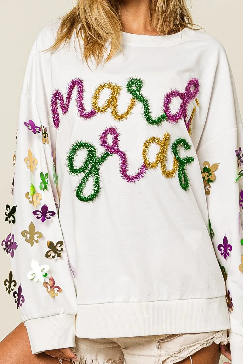 BiBi Fleur De Lis Sleeve Mardi Gras Pullover