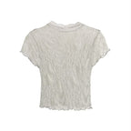 Flocked Lace Short Sleeve Crop Top – Stand Collar Slim Fit