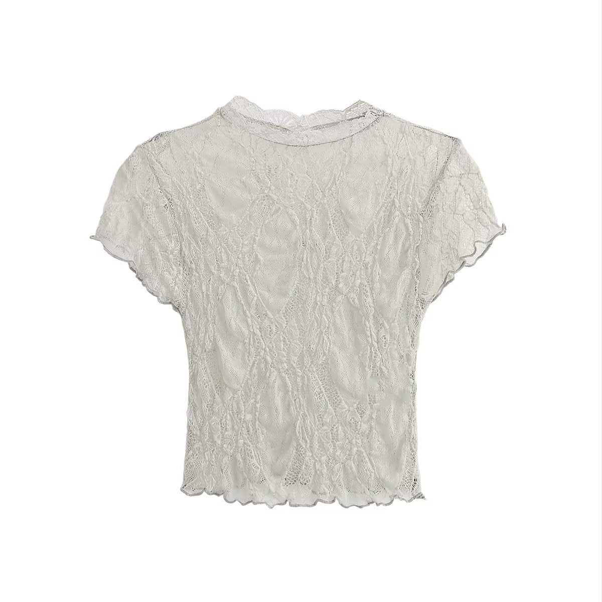 Flocked Lace Short Sleeve Crop Top – Stand Collar Slim Fit