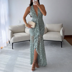 Halter Neck Printed Bodycon Dress – Ruched Backless High-Low