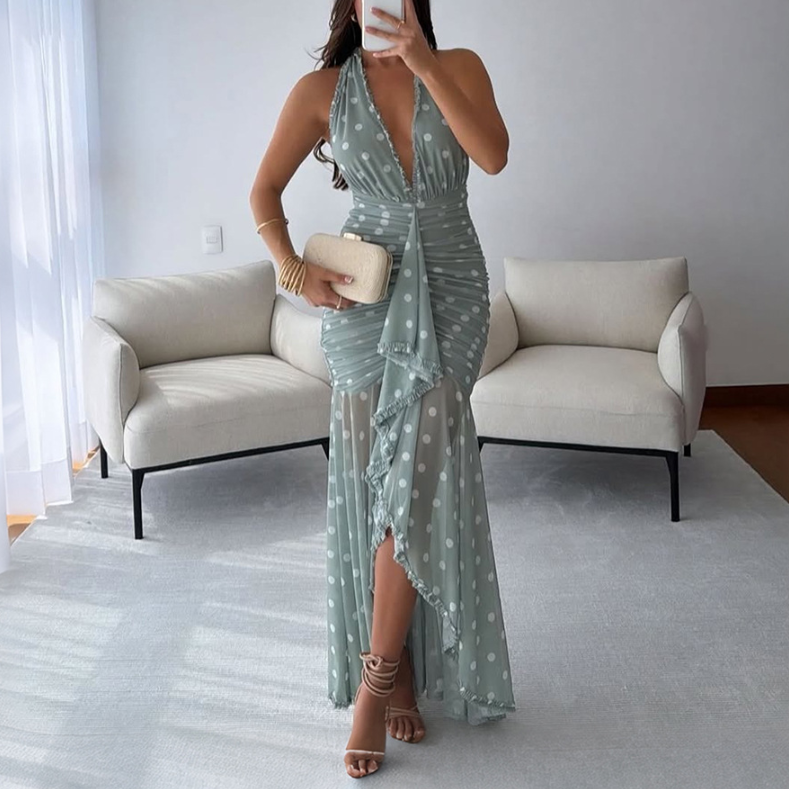 Halter Neck Printed Bodycon Dress – Ruched Backless High-Low