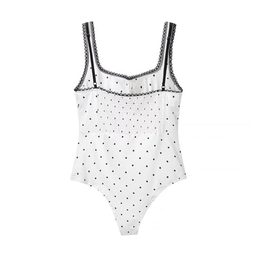 Polka Dot Square Neck Bodysuit – Smocked Sleeveless Slim Fit