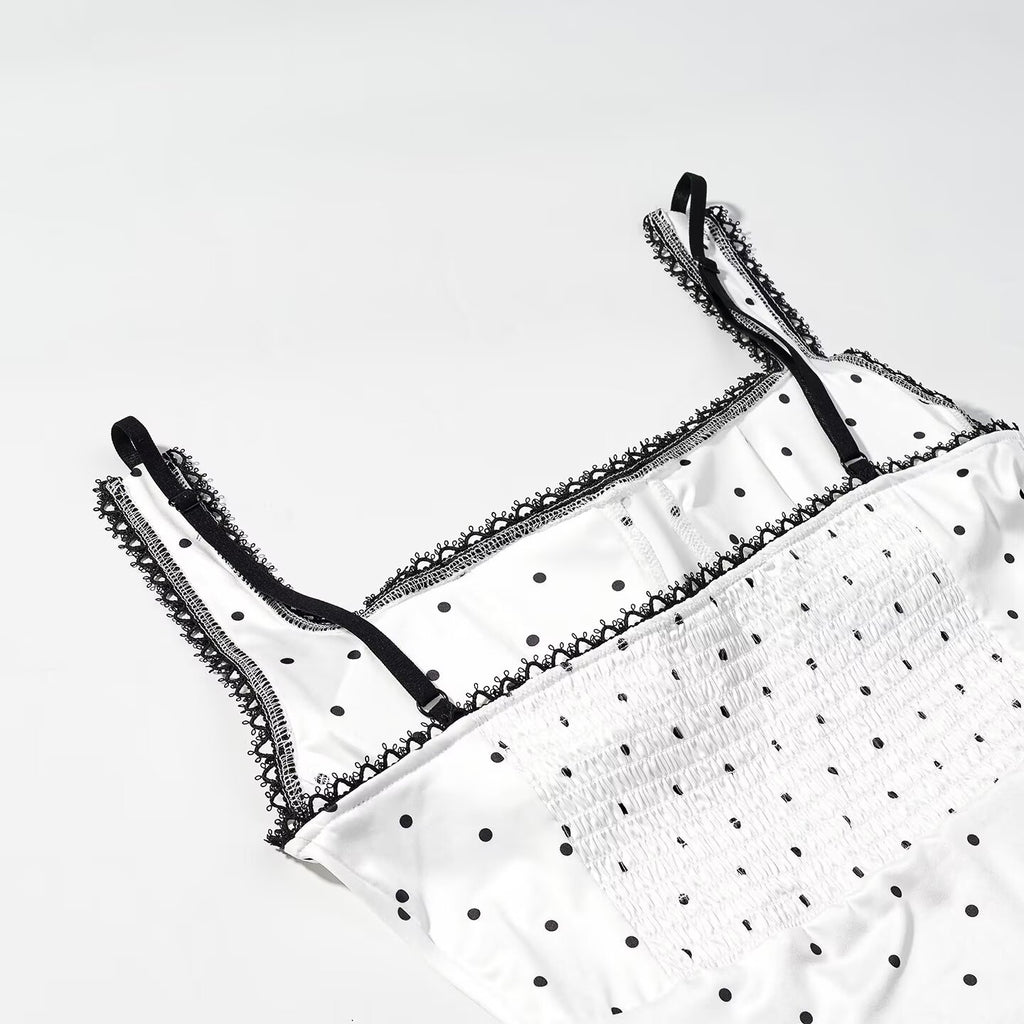 Polka Dot Square Neck Bodysuit – Smocked Sleeveless Slim Fit