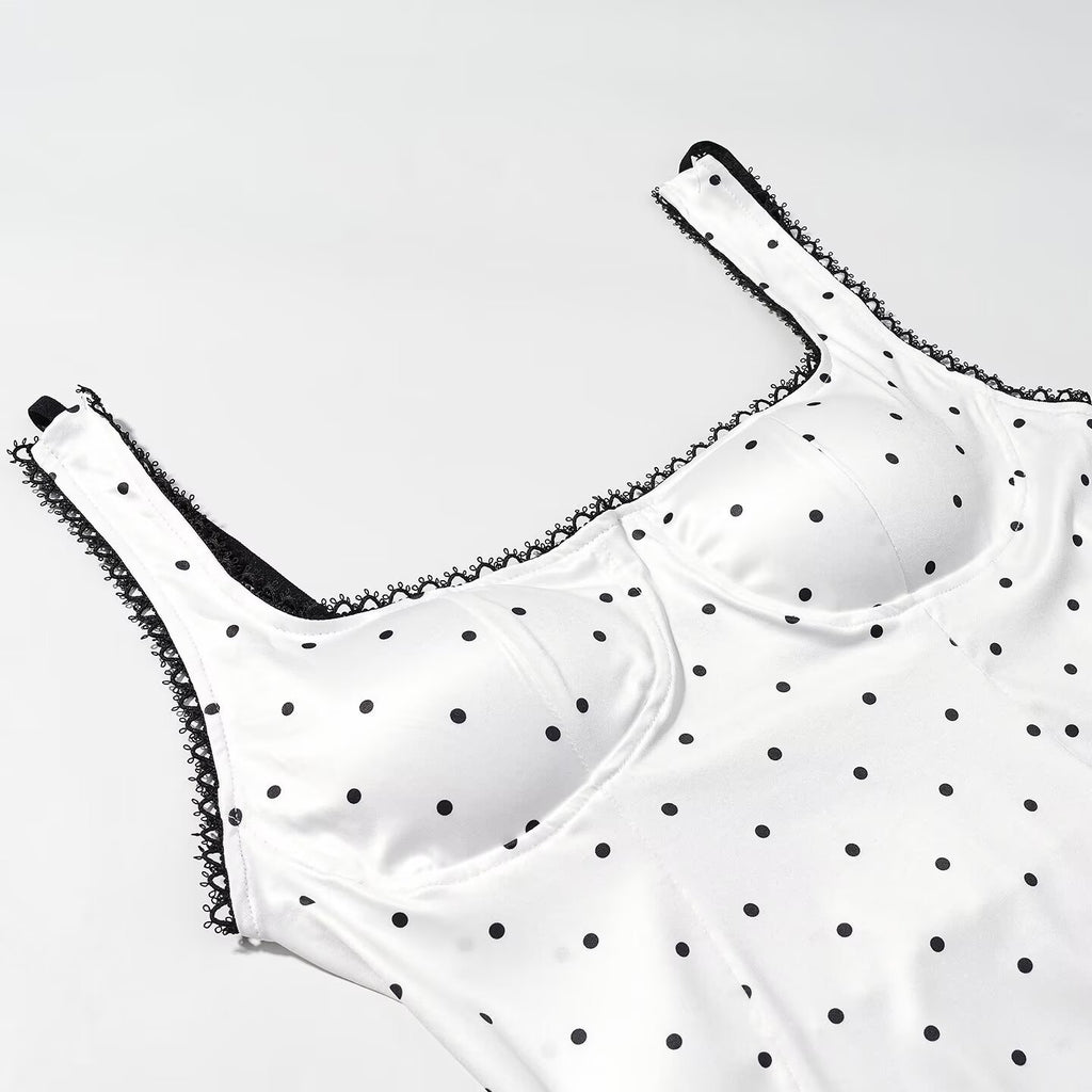 Polka Dot Square Neck Bodysuit – Smocked Sleeveless Slim Fit