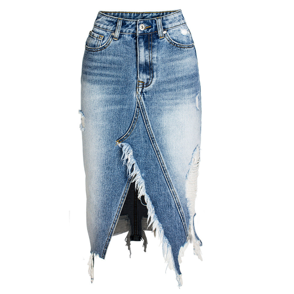 Asymmetric Ripped Denim Skirt - ALL HERZ FASHIONS