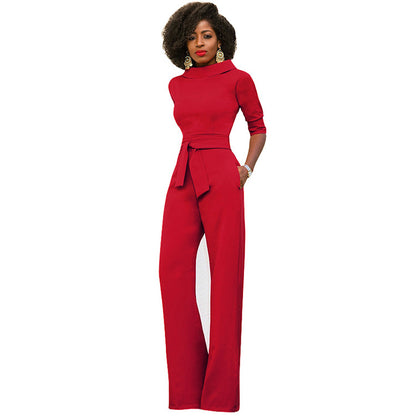 Five Quarter Sleeve Waist Tie Jumpsuit