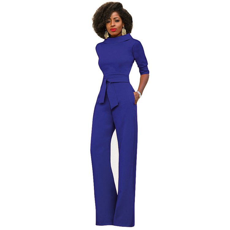 Five Quarter Sleeve Waist Tie Jumpsuit