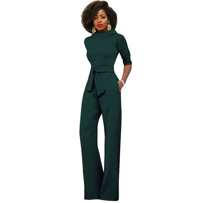 Five Quarter Sleeve Waist Tie Jumpsuit