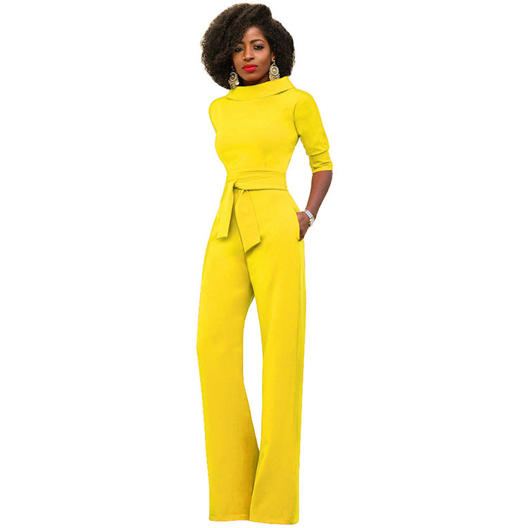 Five Quarter Sleeve Waist Tie Jumpsuit