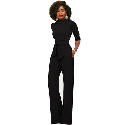 Five Quarter Sleeve Waist Tie Jumpsuit