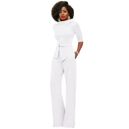 Five Quarter Sleeve Waist Tie Jumpsuit