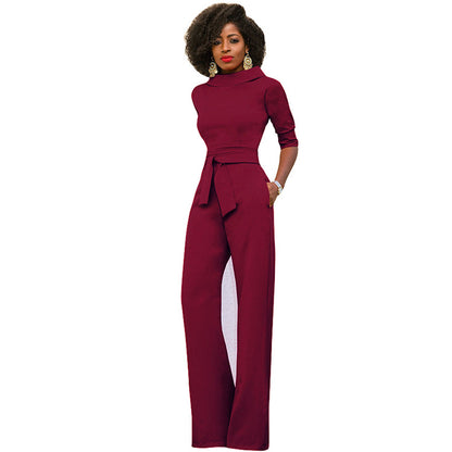 Five Quarter Sleeve Waist Tie Jumpsuit