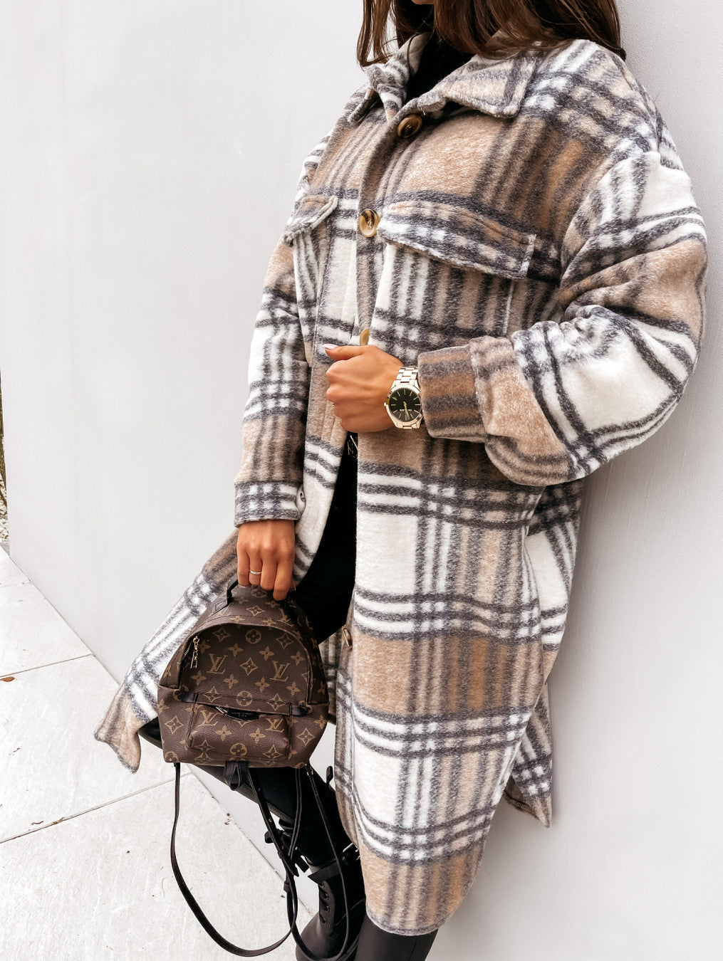 Long Warm Woolen Plaid Coat