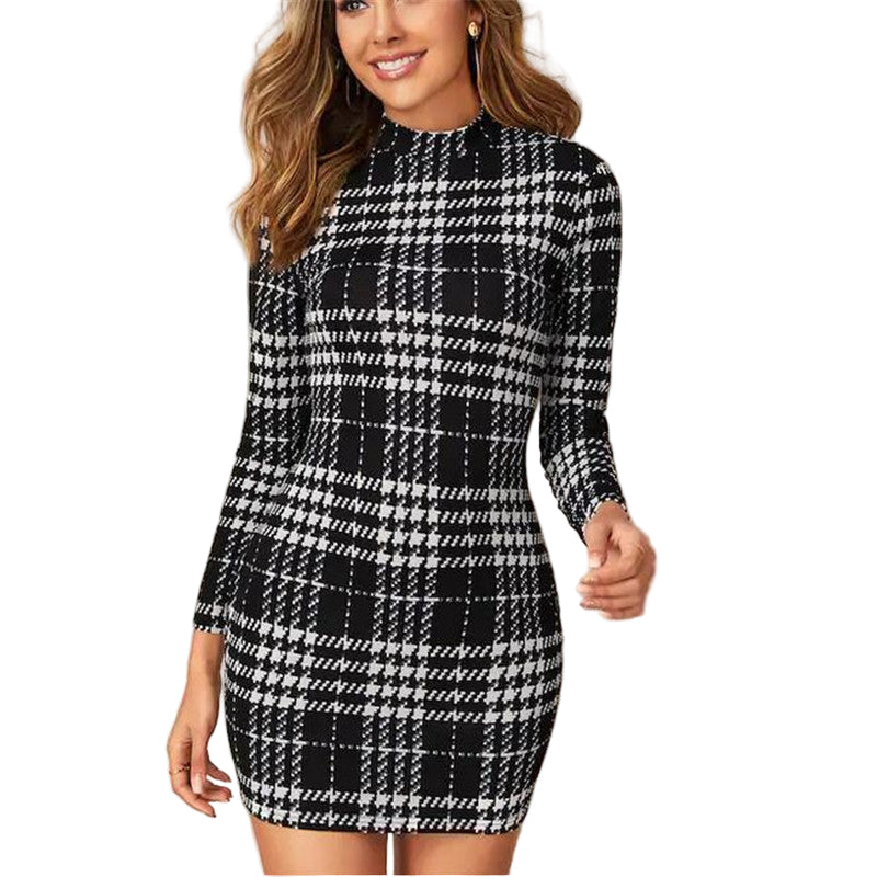 Long Sleeve Houndstooth Slim Dress