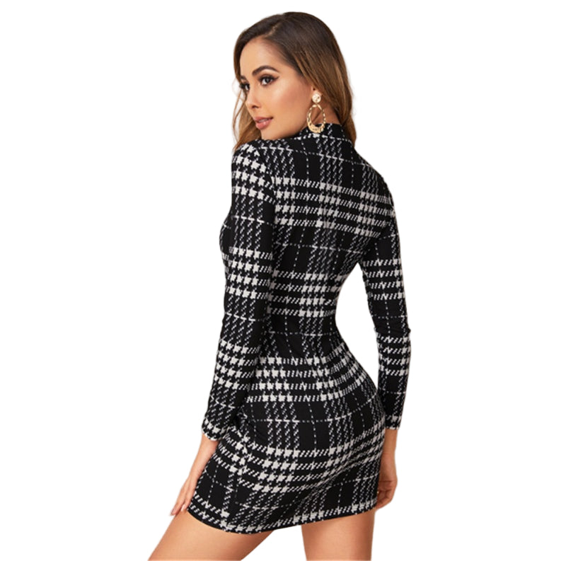 Long Sleeve Houndstooth Slim Dress
