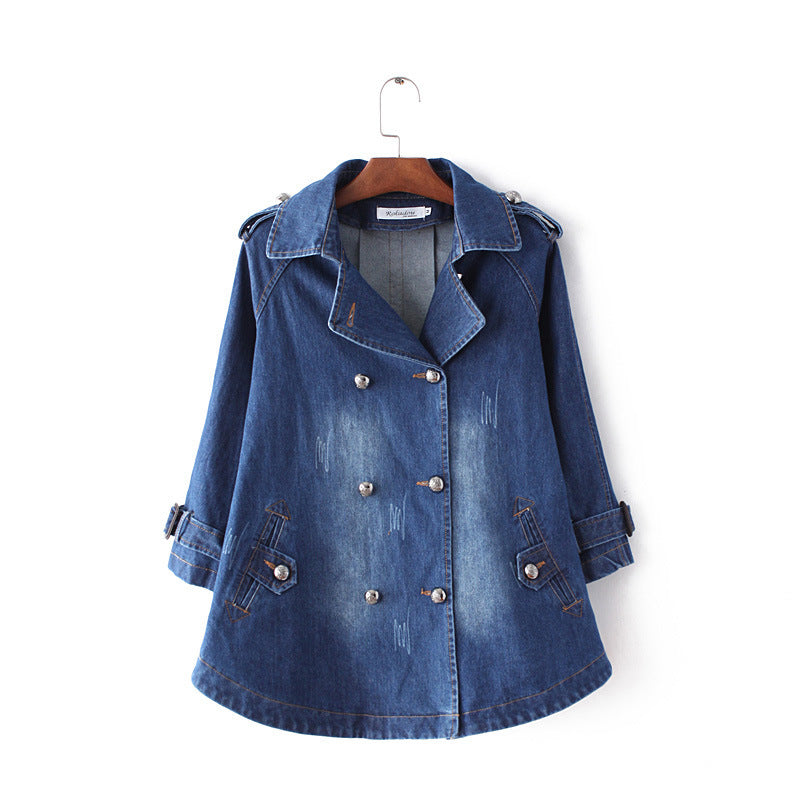 Spring and Autumn New Korean Double-breasted Loose Denim Cape Jacket Large Size Suit Collar Women's Windbreaker A-line Top