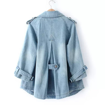 Spring and Autumn New Korean Double-breasted Loose Denim Cape Jacket Large Size Suit Collar Women's Windbreaker A-line Top