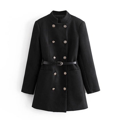 Metal Double-Breasted Belted Woolen Coat