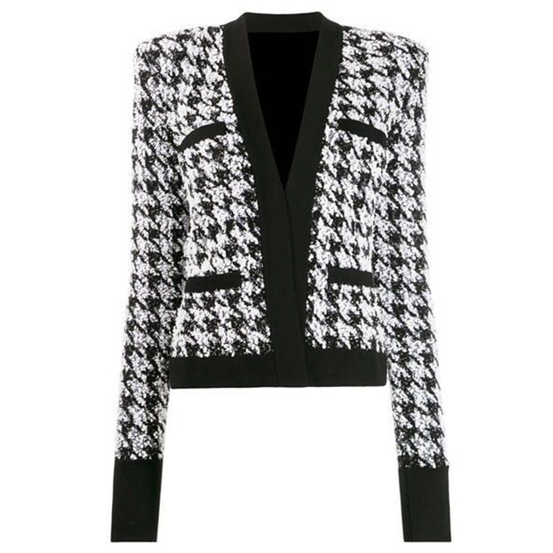 Lion Button Tweed Houndstooth Cardigan Jacket