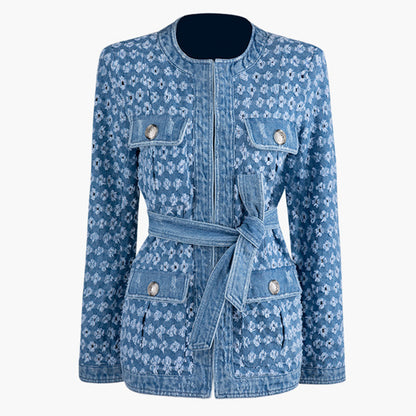 Metal button decoration heavy industry washing and grinding hole round collar denim lace up coat