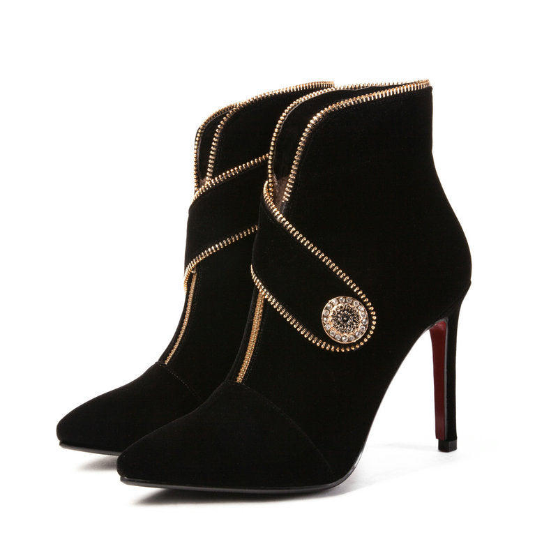 High-heel belt buckle ankle boots