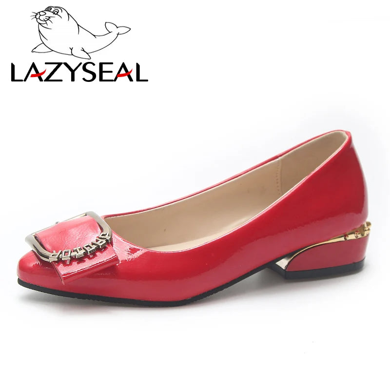 LazySeal Women Shoes Mary Janes Flats For Women Patent Leather Pointed Toe Slip-On Fashion Metal Buckle Women Heels Shoes