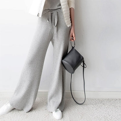 High-rise solid color cashmere wide-leg trousers